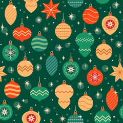 Christmas seamless pattern of different hanging vintage Christmas tree ornaments in red, gold and green colors for wrapping paper, packaging, fabric design.