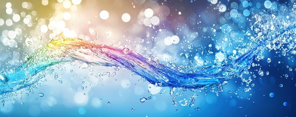 Wall Mural - Colorful and dynamic wave of water with a vibrant blue background and sparkling bokeh effect