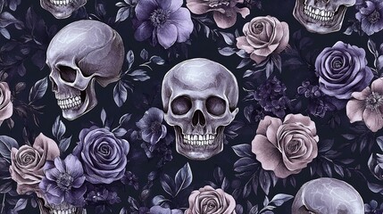 Sticker - Watercolor Skull and Floral Pattern with Dark Background