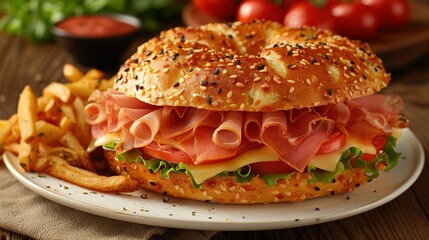 Poster -  Ham, cheese, lettuce, tomato on a bagel sandwich with French fries on a plate