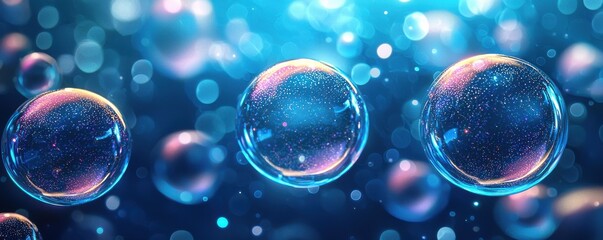 Wall Mural - cute cartoon bubbles floating on a blue background with glowing effects and dreamy aesthetic appeal