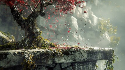 Canvas Print - Red Leaves Falling on a Misty Cliffside