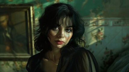 Poster - Portrait of a Woman with Dark Hair and Intriguing Eyes