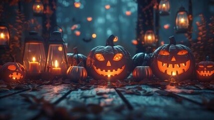 Spooky Halloween Jack o Lanterns with Glowing Candles in a Dark Forest