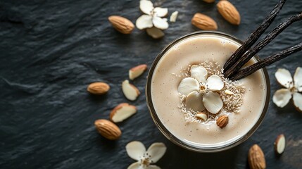 Canvas Print -   A drink on a table with almonds and food items nearby