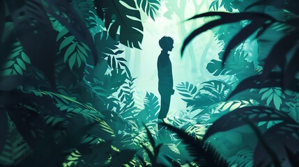 Silhouette of a young man standing in the middle of the forest, surrounded by foliage, mystery, hope, and isolation concept