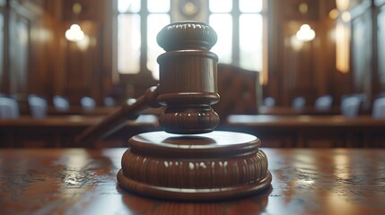 Wall Mural - Close-up of gavel on judge desk, symbolizing court trial, justice and legal decisions in courtroom