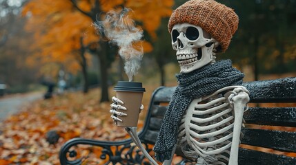 Canvas Print -   A man with a cup of coffee and a cigarette sits on a bench