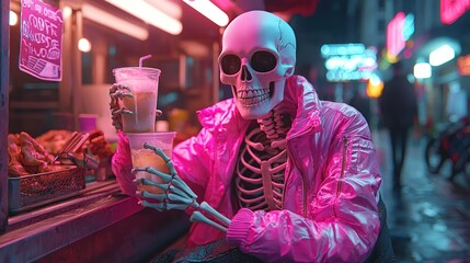 Sticker -   A man wearing a pink jacket holds a glass and a doughnut in front of a neon-lit store