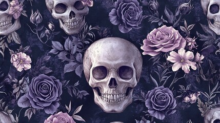 Canvas Print - Skulls and Roses Seamless Pattern