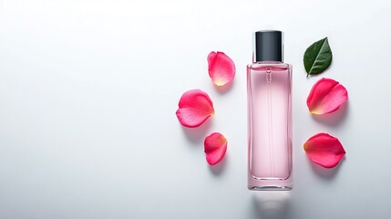 Poster -   Perfume sits on a white table with pink flowers and a green leaf