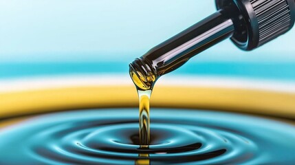 Sticker -  A bottle's oil droplet pours onto a yellow-blue liquid ring, with another oil droplet nearby