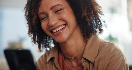 Poster - Woman, happy and smartphone in house for communication, relax and streaming on weekend. Female person, laugh and mobile conversation in living room for gossip, news and funny story on social media