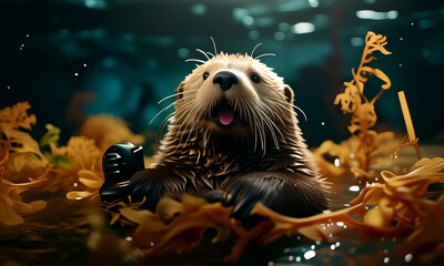 Wall Mural - A playful sea otter floats serenely in calm waters, holding a piece of kelp. The image captures the otter's charming expression and the peacefulness of its natural environment, highlighting the