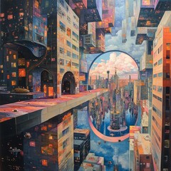 Sticker - Surreal cityscape with floating buildings and reflections.