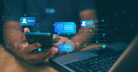 Poster - Futuristic technology transformation, Businessman using smartphone for chatting online with AI or chatbot. Online automation chatbot. Chat with AI or Artificial Intelligence technology.