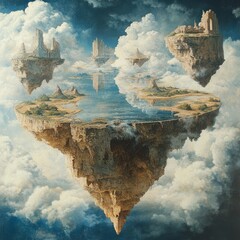 Sticker - Surreal floating islands with water and clouds.