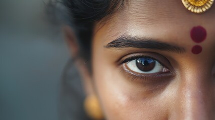 Close up of a young indian woman with traditional clothing and makeup, providing a sense of cultural beauty and authenticity