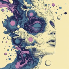 Wall Mural - Surreal illustration of a woman's face with cosmic elements.