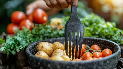 Sticker -   A zoomed-in image of someone holding a fork above a bowl filled with sliced tomatoes, diced potatoes, and fresh parsley