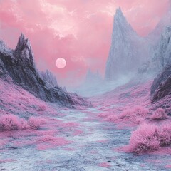 Sticker - Surreal landscape with pink hues and a large moon.