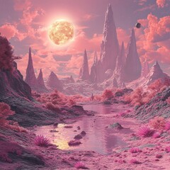 Sticker - Surreal landscape with pink hues and towering formations.