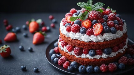 Poster -   A close-up photo of a cake on a plate featuring strawberries and blueberries