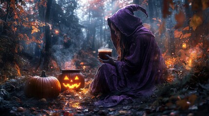 Sticker -   A woman in a witch costume sips coffee next to a jack-o'-lantern in the forest