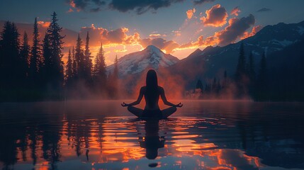 Poster -   A woman sits in lotus pose amidst a tranquil water body, framed by a majestic mountain backdrop