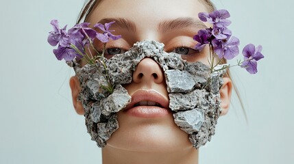 Poster -   A woman covers her face with rocks and flowers while hiding behind a rock