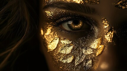 Sticker -   A close-up of a woman's face, adorned with gold leaves, with a focused eye