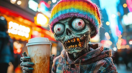 Canvas Print -   A human-like face on a cup of coffee held by a knitted-hat wearing skeleton