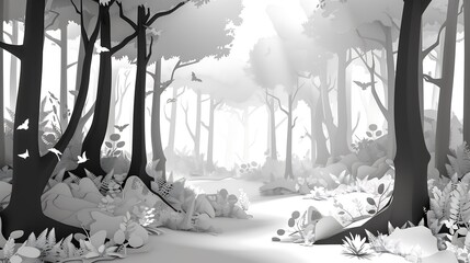 Poster - Papercraft forest landscape with white and black color scheme, a serene and ethereal scene