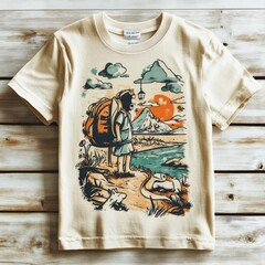 Wall Mural - T-shirt design featuring a hiker by a scenic landscape.