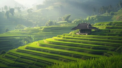 Poster - A serene sunrise over lush, terraced rice fields with a traditional wooden house nestled among the greenery, enveloped in a light mist.