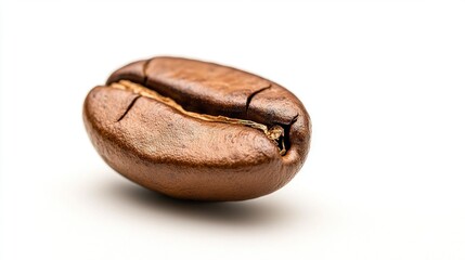 Poster -   A high-resolution photo of a single coffee bean captured closely against a pure white background, with a clear depiction of the internal structure reflected in its surface