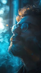 Canvas Print - Man in Glasses with Smoke and Blue Light