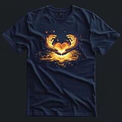 Wall Mural - T-shirt design featuring hands forming a glowing heart.