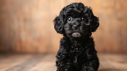 Wall Mural -   Small black dog sitting on wooden floor, facing camera, against wooden wall