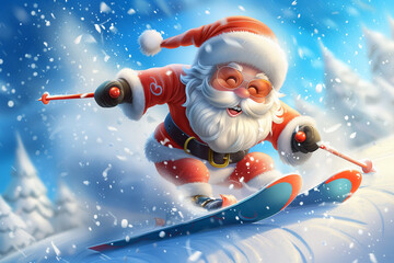 Illustration of cartoon Santa Claus skiing