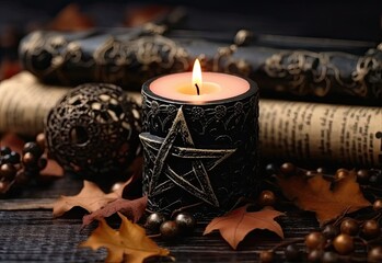 Wall Mural - glowing Black candle with pentagram