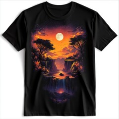 Sticker - T-shirt with a vibrant sunset landscape design.