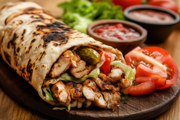 Wall Mural - Grilled shawarma from chicken, pork, tomatoes, cabbage, pickles, sauce and pita bread