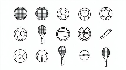 Sticker -   Various tennis rackets on white background with line-drawn illustrations of different designs