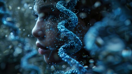 Wall Mural - abstract digital art: human face with glowing blue dna helix