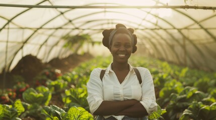 Wall Mural - A woman standing proudly in a lush greenhouse, surrounded by vibrant green plants, under the warm glow of sunlight.