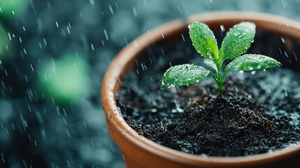 A close-up image of a potted plant thriving in the rainfall, with water droplets adorning its leaves, symbolizing renewal, growth, and the nurturing power of nature's elements.