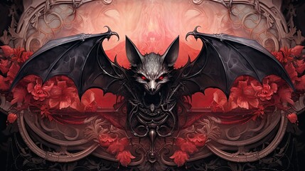 Wall Mural - Fantasy painting of a luxury bat, matt black red grunge background with shiny silver metallic baroque decorations,