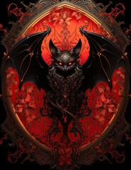 Wall Mural - Fantasy painting of a luxury bat, matt black red grunge background with shiny silver metallic baroque decorations,