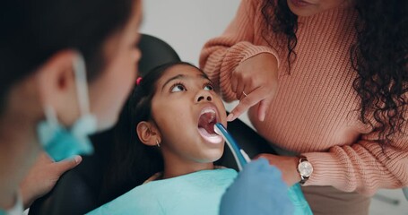 Canvas Print - Mouth, kid and dentist with tools for teeth cleaning, oral hygiene or orthodontics. tooth, dental treatment and girl in pediatric clinic with hands of mother with intraoral camera or light for health